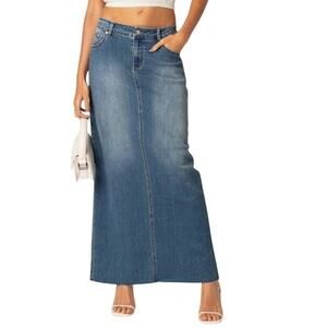 Edikted Elowyn Slit Denim Maxi Skirt XL Blue Jean Pencil Minimal Basic Capsule